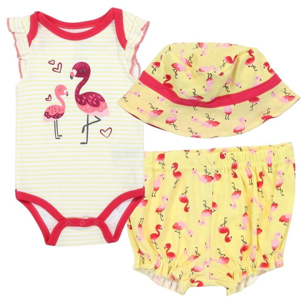 WE Play Girls Infant 3PC Bodysuit Set Pink & Yellow Flamingo 3 to 6 Month W/Hat
